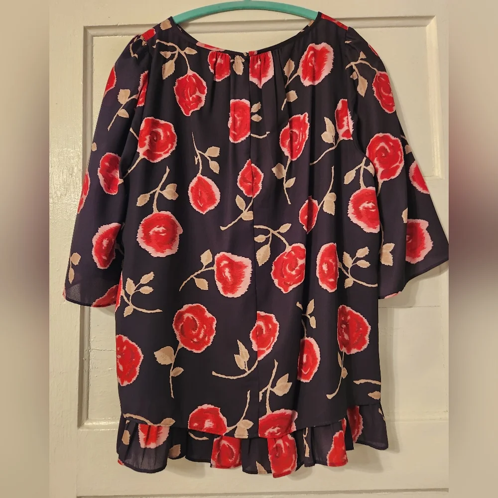 Kate Spade Blouse Hazy Rose Double Layer, Floral Pink, Black, Green Sz Large EUC